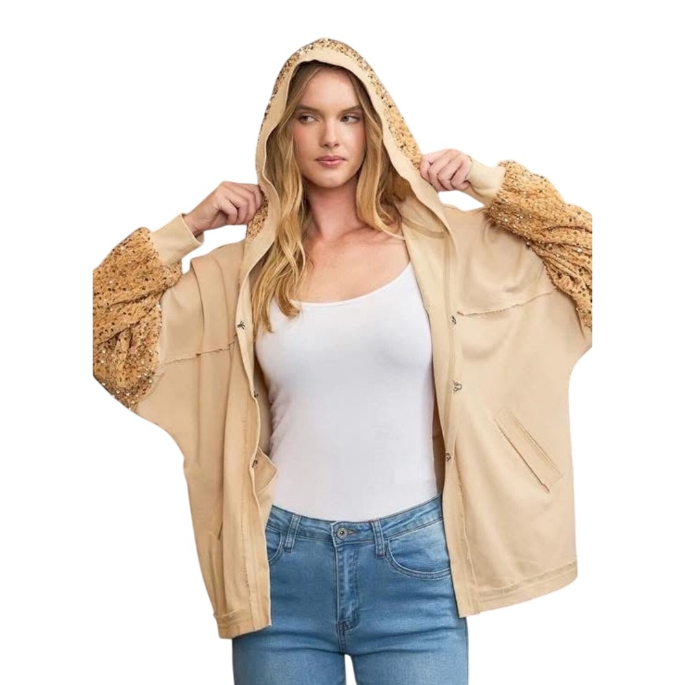 Umgee Women Small Tan with Sequin Accents Hooded‎ Hook Closure Jacket NWT